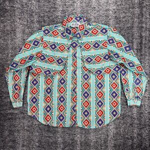 Vtg Rodeo Western Wear Women's Sz L Multicolor Aztec Geometric Print Shirt Boho